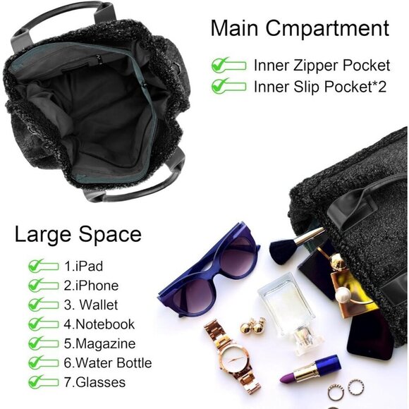 Large Tote Bag for Women Soft Winter Fuzzy Furry Shoulder Purse Handbag - Picture 2 of 6